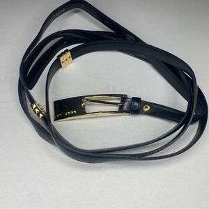 St. John Black Leather Gold Buckle Bar Double Loop Belt Made In Italy Size 12